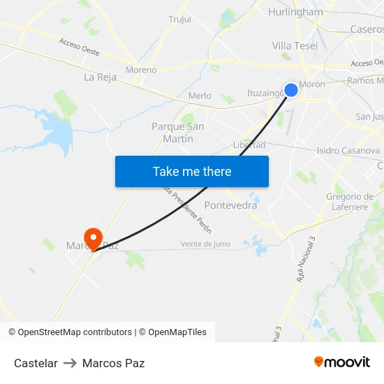 Castelar to Marcos Paz map