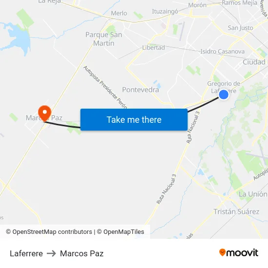 Laferrere to Marcos Paz map
