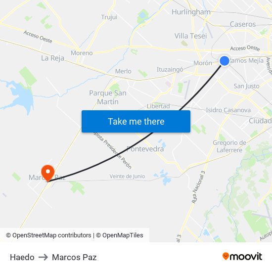 Haedo to Marcos Paz map