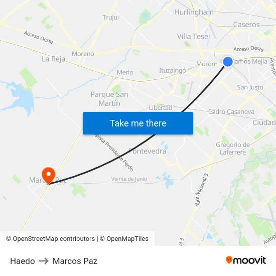 Haedo to Marcos Paz map