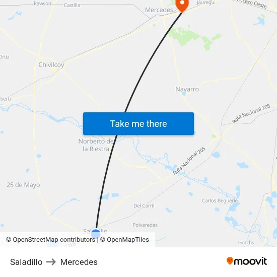 Saladillo to Mercedes map