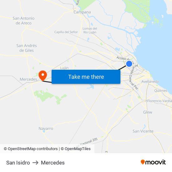 San Isidro to Mercedes map
