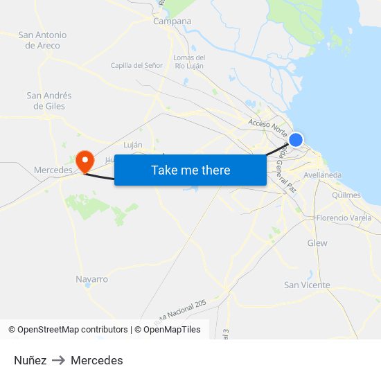 Nuñez to Mercedes map