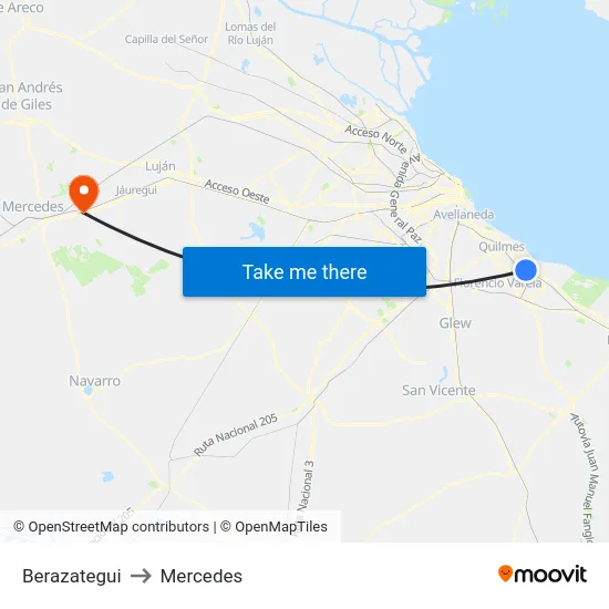 Berazategui to Mercedes map