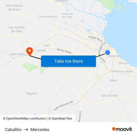 Caballito to Mercedes map