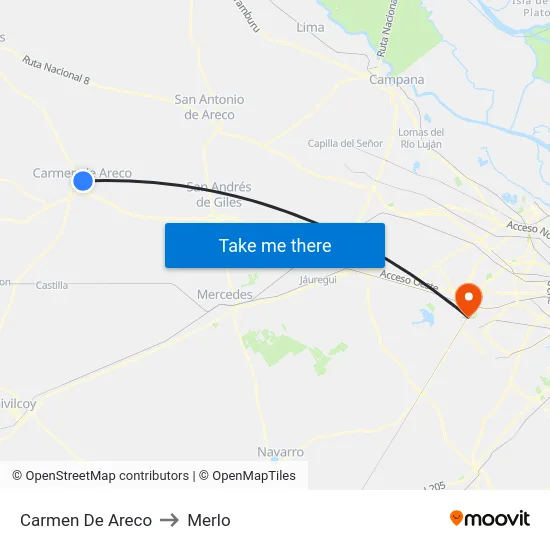 Carmen De Areco to Merlo map