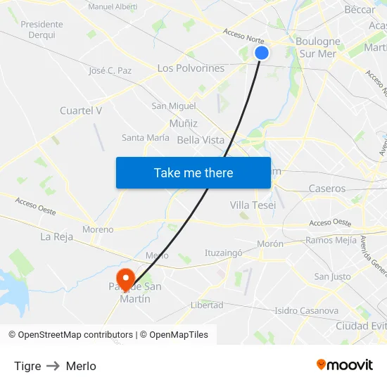 Tigre to Merlo map
