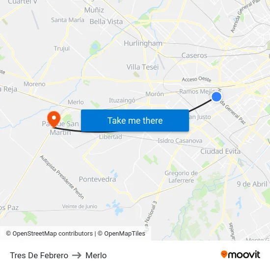 Tres De Febrero to Merlo map