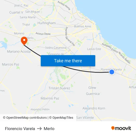 Florencio Varela to Merlo map