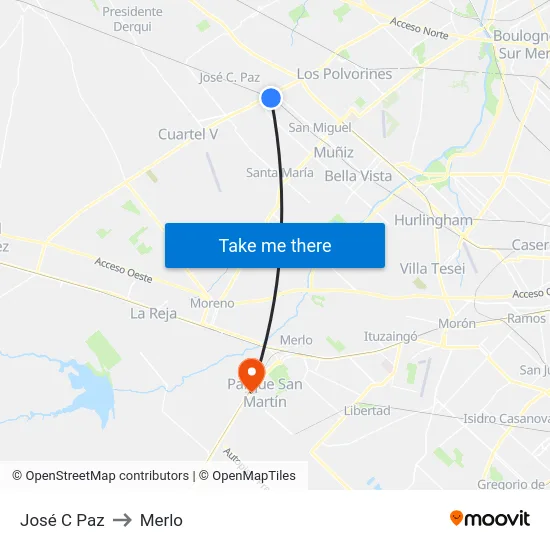 José C Paz to Merlo map