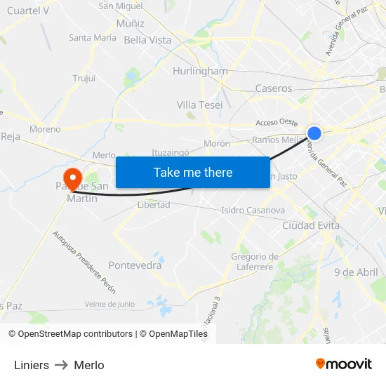 Liniers to Merlo map