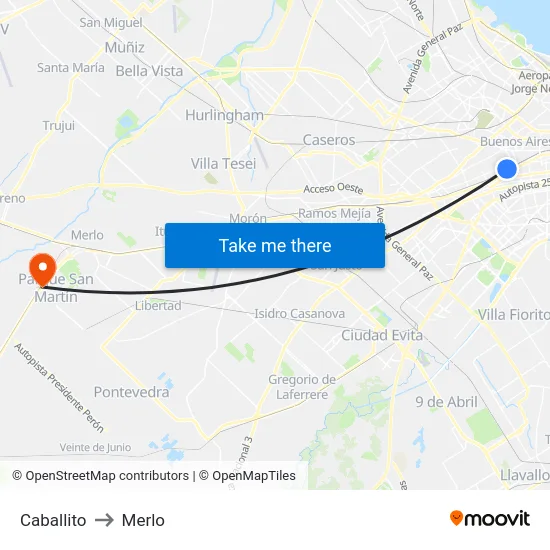 Caballito to Merlo map
