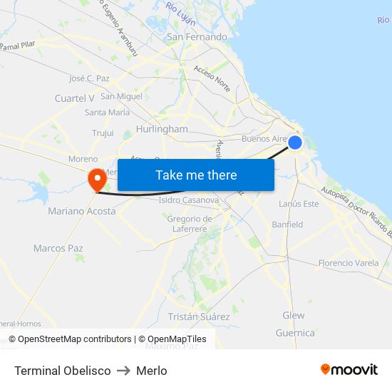 Terminal Obelisco to Merlo map