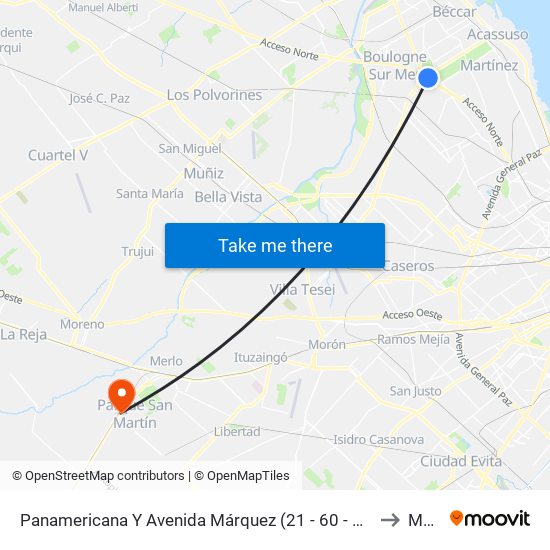 Panamericana Y Avenida Márquez (21 - 60 - 130 - 203 - 371) to Merlo map