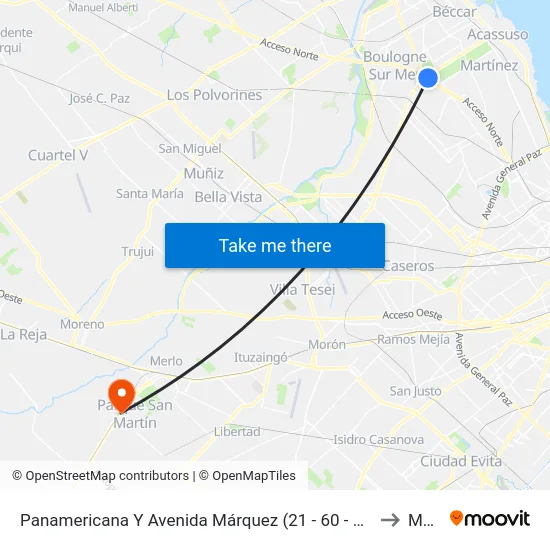 Panamericana Y Avenida Márquez (21 - 60 - 130 - 203 - 371) to Merlo map