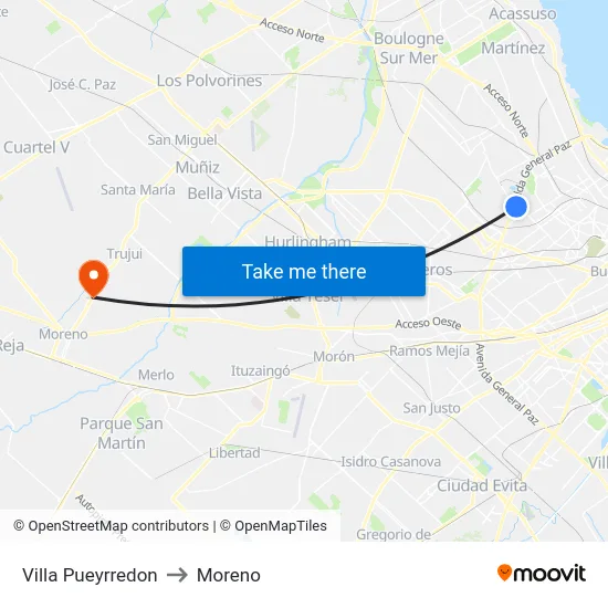 Villa Pueyrredon to Moreno map