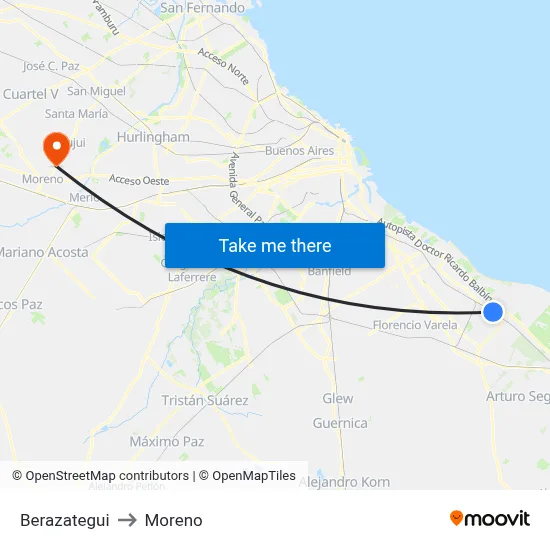Berazategui to Moreno map