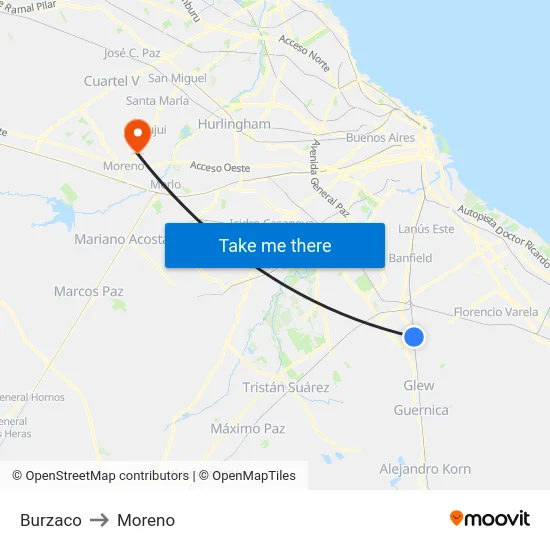 Burzaco to Moreno map