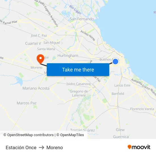 Estación Once to Moreno map