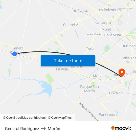 General Rodríguez to Morón map