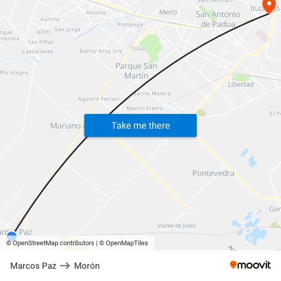 Marcos Paz to Morón map