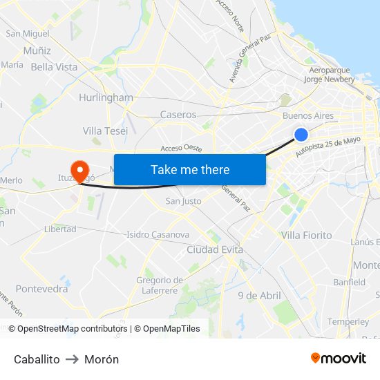 Caballito to Morón map