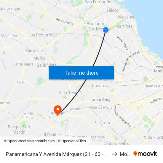Panamericana Y Avenida Márquez (21 - 60 - 130 - 203 - 371) to Morón map