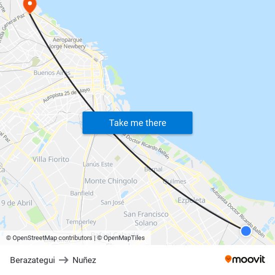 Berazategui to Nuñez map