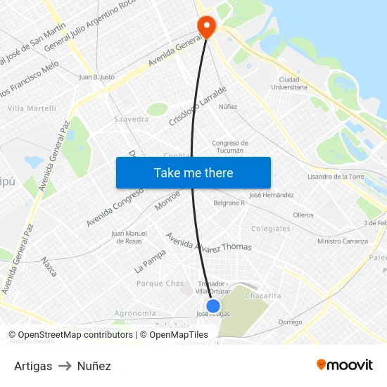 Artigas to Nuñez map