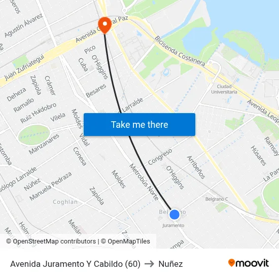 Avenida Juramento Y Cabildo (60) to Nuñez map