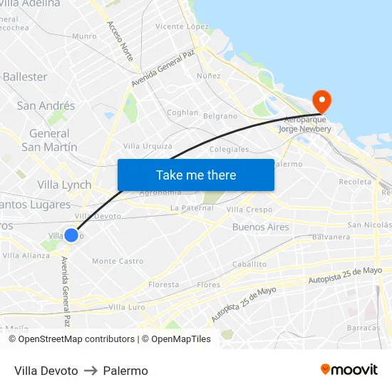 Villa Devoto to Palermo map