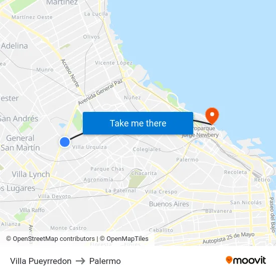 Villa Pueyrredon to Palermo map