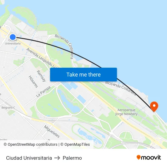 Ciudad Universitaria to Palermo map