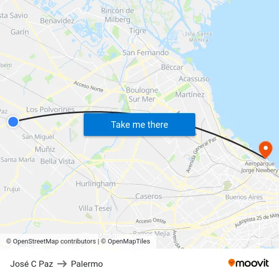 José C Paz to Palermo map