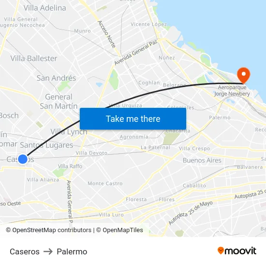 Caseros to Palermo map