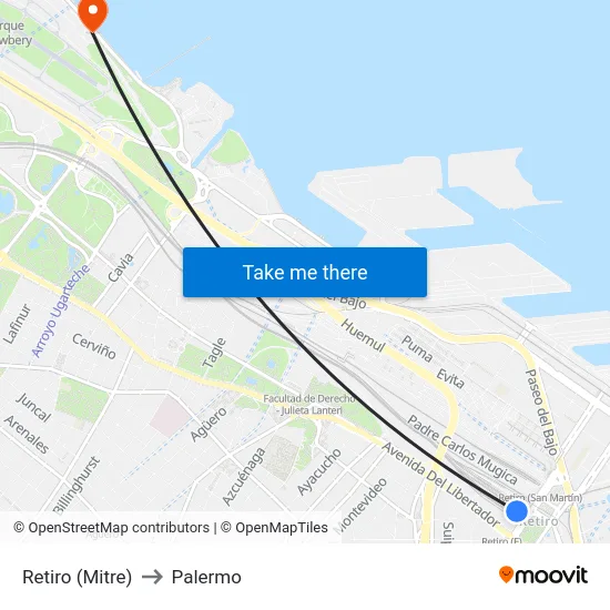 Retiro (Mitre) to Palermo map