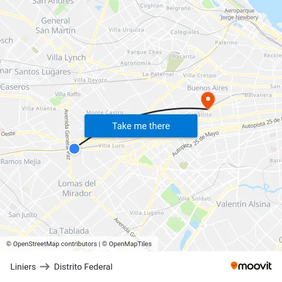 Liniers to Distrito Federal map