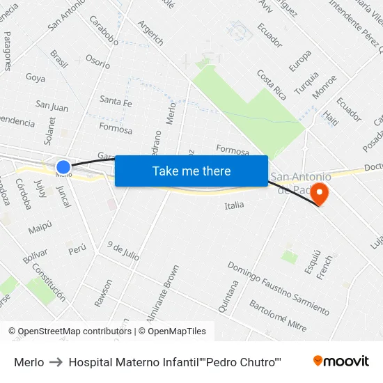 Merlo to Hospital Materno Infantil""Pedro Chutro"" map