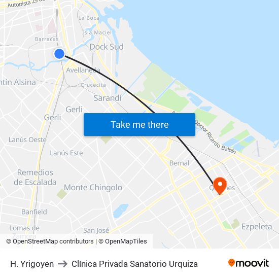 H. Yrigoyen to Clínica Privada Sanatorio Urquiza map