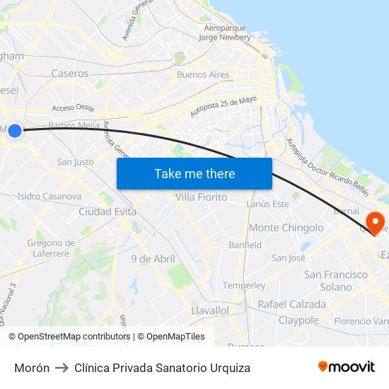 Morón to Clínica Privada Sanatorio Urquiza map