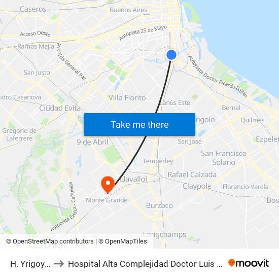 H. Yrigoyen to Hospital Alta Complejidad Doctor Luis Leloir map