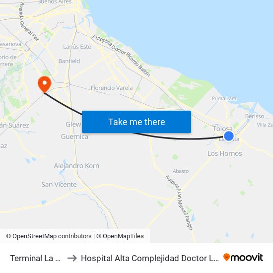 Terminal La Plata to Hospital Alta Complejidad Doctor Luis Leloir map