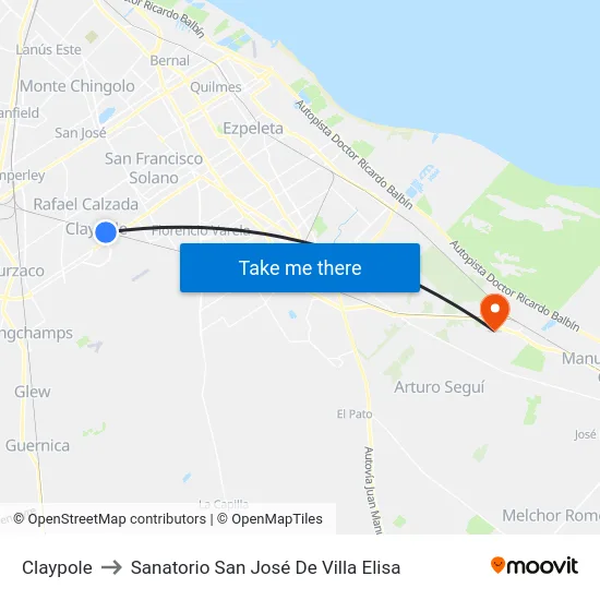Claypole to Sanatorio San José De Villa Elisa map