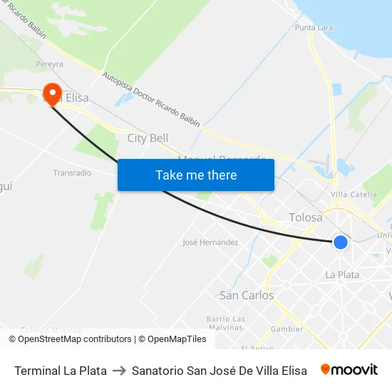 Terminal La Plata to Sanatorio San José De Villa Elisa map