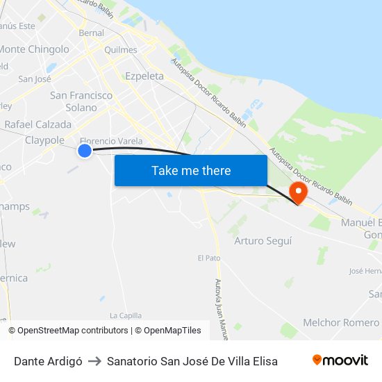 Dante Ardigó to Sanatorio San José De Villa Elisa map