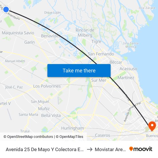 Avenida 25 De Mayo Y Colectora Este to Movistar Arena map