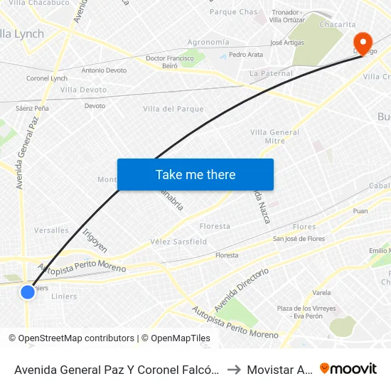 Avenida General Paz Y Coronel Falcón (21 - 28) to Movistar Arena map
