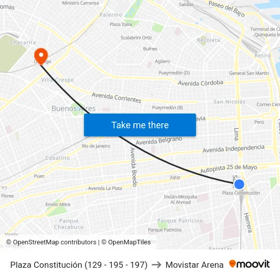 Plaza Constitución (129 - 197) to Movistar Arena map