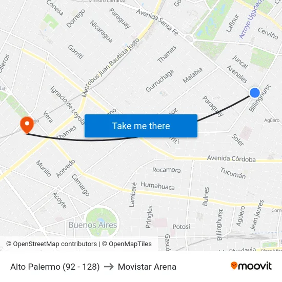Alto Palermo (92 - 128) to Movistar Arena map