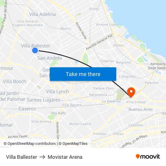 Villa Ballester to Movistar Arena map